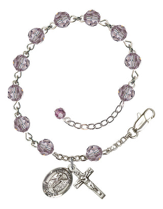 Sterling Silver 6mm Austrian Crystal Saint Fiacre Rosary Bracelet in Light Amethyst Engraved Catholic Saint Jewelry