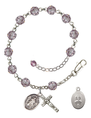 Adjustable Sterling Silver 6mm Austrian Crystal Divine Mercy Rosary Bracelet in Light Amethyst