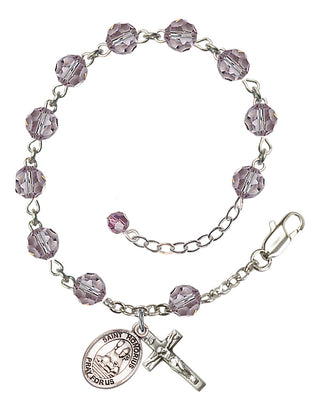 Sterling Silver 6mm Austrian Crystal Saint Honorius of Amiens Rosary Bracelet in Light Amethyst Engraved Catholic Saint Jewelry