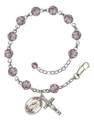 Sterling Silver 6mm Austrian Crystal Saint Drogo Rosary Bracelet in Light Amethyst Engraved Catholic Saint Jewelry