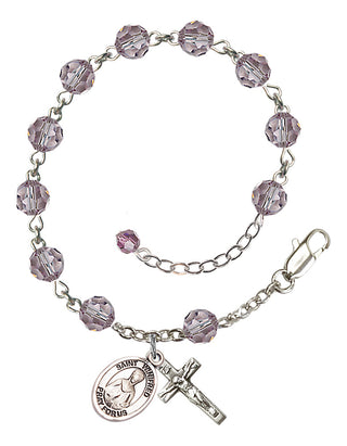 Sterling Silver 6mm Austrian Crystal Saint Winifred of Wales Rosary Bracelet in Light Amethyst Engraved Catholic Saint Jewelry