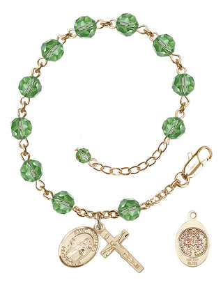 14kt Gold-Filled 6mm Austrian Crystal Saint Benedict Rosary Bracelet in Peridot Engraved Catholic Saint Jewelry