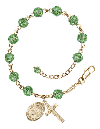 14kt Gold-Filled 6mm Austrian Crystal Saint Francis de Sales Rosary Bracelet in Peridot Engraved Catholic Saint Jewelry
