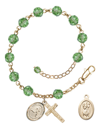 14kt Gold-Filled 6mm Austrian Crystal Saint Christopher/Track & Field Rosary Bracelet in Peridot Engraved Catholic Saint Jewelry