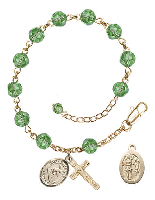 Adjustable 14 Karat Gold-Filled 6mm Austrian Crystal Saint Sebastian/Surfing Rosary Bracelet in Peridot