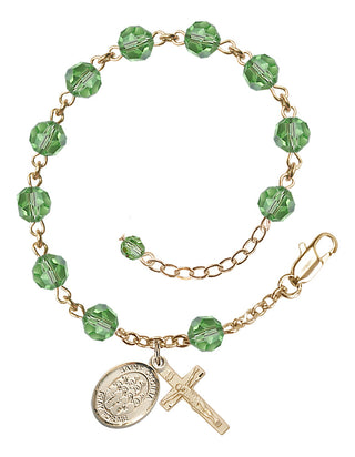 14kt Gold-Filled 6mm Austrian Crystal Saint Cecilia / Choir Rosary Bracelet in Peridot Engraved Catholic Saint Jewelry