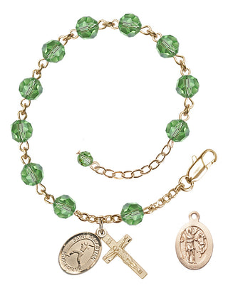 14kt Gold-Filled 6mm Austrian Crystal Saint Sebastian/Softball Rosary Bracelet in Peridot Engraved Catholic Saint Jewelry