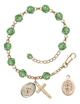 Adjustable 14 Karat Gold-Filled 6mm Austrian Crystal Saint Sebastian / Rugby Rosary Bracelet in Peridot
