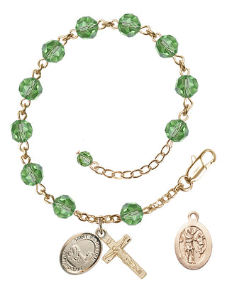 Adjustable 14 Karat Gold-Filled 6mm Austrian Crystal Saint Sebastian / Fishing Rosary Bracelet in Peridot