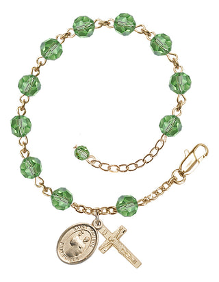 14kt Gold-Filled 6mm Austrian Crystal Saint Maurus Rosary Bracelet in Peridot Engraved Catholic Saint Jewelry