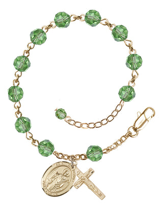 14kt Gold-Filled 6mm Austrian Crystal Saint Wolfgang Rosary Bracelet in Peridot Engraved Catholic Saint Jewelry