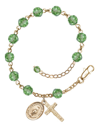 14kt Gold-Filled 6mm Austrian Crystal Virgin of the Globe Rosary Bracelet in Peridot Engraved Catholic Saint Jewelry