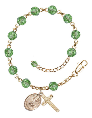 14kt Gold-Filled 6mm Austrian Crystal Saint Honorius of Amiens Rosary Bracelet in Peridot Engraved Catholic Saint Jewelry