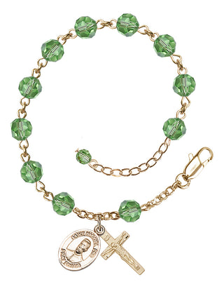 14kt Gold-Filled 6mm Austrian Crystal Bl. Miguel Pro Rosary Bracelet in Peridot Engraved Catholic Saint Jewelry