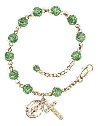 14kt Gold-Filled 6mm Austrian Crystal Saint Eligius Rosary Bracelet in Peridot Engraved Catholic Saint Jewelry