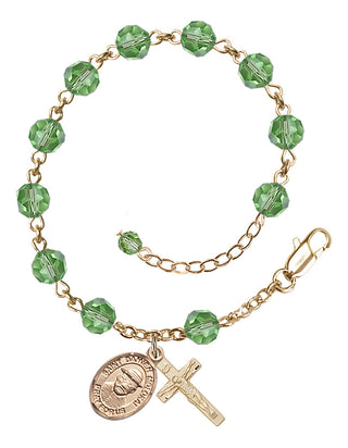 14kt Gold-Filled 6mm Austrian Crystal Saint Damien of Molokai Rosary Bracelet in Peridot Engraved Catholic Saint Jewelry