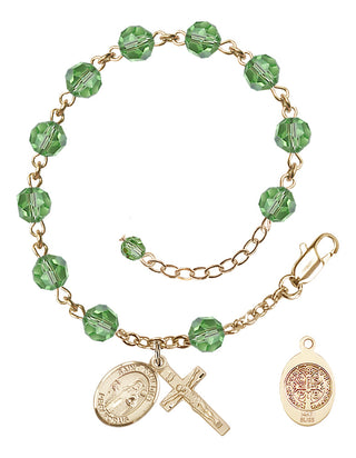 14kt Gold 6mm Austrian Crystal Saint Benedict Rosary Bracelet in Peridot Engraved Catholic Saint Jewelry
