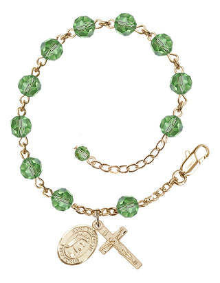 14kt Gold 6mm Austrian Crystal Saint Elizabeth of Hungary Rosary Bracelet in Peridot Engraved Catholic Saint Jewelry