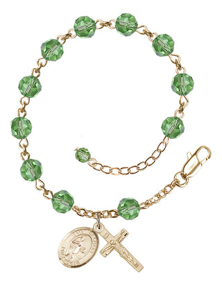 14kt Gold 6mm Austrian Crystal Saint Zachary Rosary Bracelet in Peridot Engraved Catholic Saint Jewelry