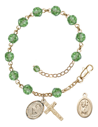 14kt Gold 6mm Austrian Crystal Saint Christopher/Dance Rosary Bracelet in Peridot Engraved Catholic Saint Jewelry