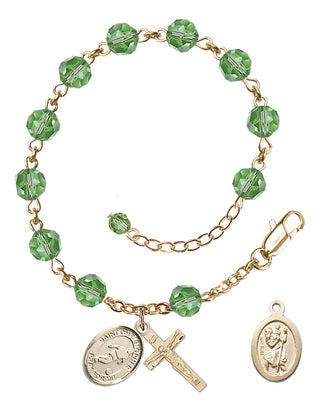 Adjustable 14 Karat Gold 6mm Austrian Crystal Saint Christopher/Soccer Rosary Bracelet in Peridot