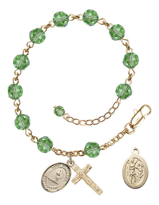 Adjustable 14 Karat Gold 6mm Austrian Crystal Saint Sebastian/Skiing Rosary Bracelet in Peridot