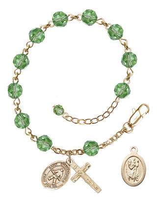 14kt Gold 6mm Austrian Crystal Saint Christopher / Field Hockey Rosary Bracelet in Peridot Engraved Catholic Saint Jewelry
