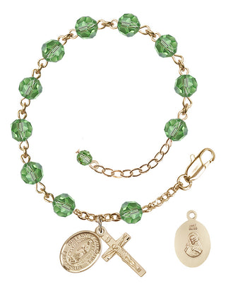 14kt Gold 6mm Austrian Crystal Our Lady of Guadalupe Rosary Bracelet in Peridot Engraved Catholic Saint Jewelry