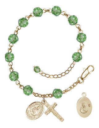 Adjustable 14 Karat Gold 6mm Austrian Crystal Our Lady of Mount Carmel Rosary Bracelet in Peridot