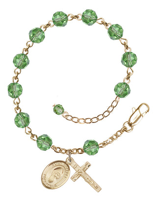 14kt Gold 6mm Austrian Crystal Saint Sharbel Rosary Bracelet in Peridot Engraved Catholic Saint Jewelry