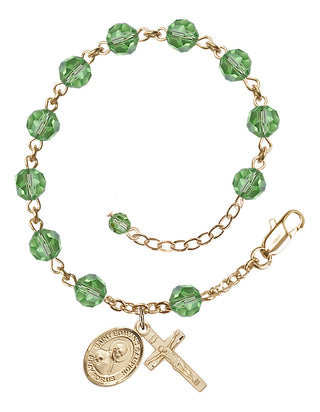 14kt Gold 6mm Austrian Crystal Saint Edmund Campion Rosary Bracelet in Peridot Engraved Catholic Saint Jewelry