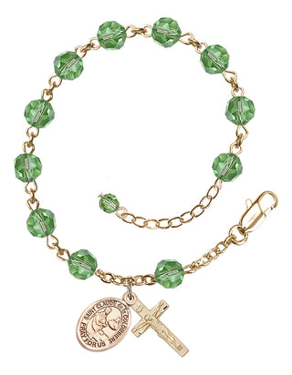 14kt Gold 6mm Austrian Crystal Saint Claude de la Colombiere Rosary Bracelet in Peridot Engraved Catholic Saint Jewelry