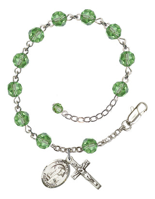 Sterling Silver 6mm Austrian Crystal Saint Elmo Rosary Bracelet in Peridot Engraved Catholic Saint Jewelry