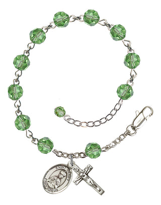 Sterling Silver 6mm Austrian Crystal Saint Henry II Rosary Bracelet in Peridot Engraved Catholic Saint Jewelry