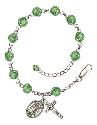 Sterling Silver 6mm Austrian Crystal Saint John the Apostle Rosary Bracelet in Peridot Engraved Catholic Saint Jewelry