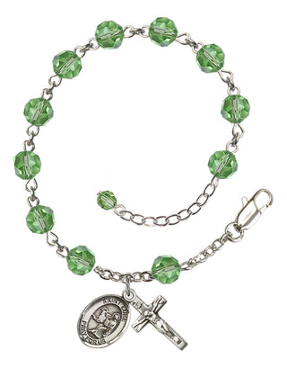 Sterling Silver 6mm Austrian Crystal Saint Luke the Apostle Rosary Bracelet in Peridot Engraved Catholic Saint Jewelry