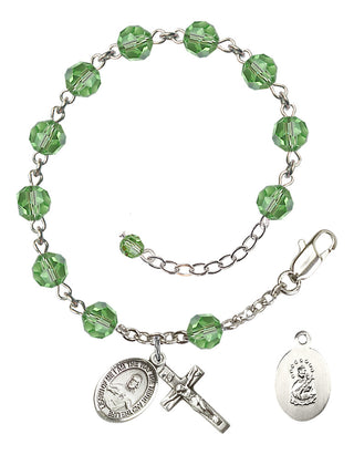 Sterling Silver 6mm Austrian Crystal Scapular Rosary Bracelet in Peridot Engraved Catholic Saint Jewelry