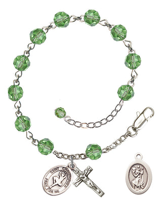Sterling Silver 6mm Austrian Crystal Saint Christopher/Dance Rosary Bracelet in Peridot Engraved Catholic Saint Jewelry