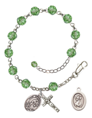 Adjustable Sterling Silver 6mm Austrian Crystal Saint Christopher/Basketball Rosary Bracelet in Peridot
