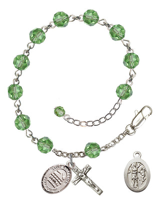 Adjustable Sterling Silver 6mm Austrian Crystal Saint Sebastian/Swimming Rosary Bracelet in Peridot