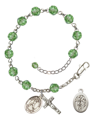 Sterling Silver 6mm Austrian Crystal Saint Sebastian/Softball Rosary Bracelet in Peridot Engraved Catholic Saint Jewelry