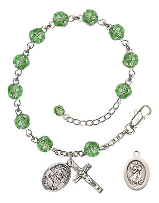Adjustable Sterling Silver 6mm Austrian Crystal Saint Christopher/Motorcycle Rosary Bracelet in Peridot