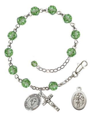 Adjustable Sterling Silver 6mm Austrian Crystal Saint Sebastian / Rugby Rosary Bracelet in Peridot
