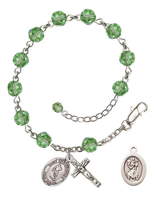 Adjustable Sterling Silver 6mm Austrian Crystal Saint Christopher / Rugby Rosary Bracelet in Peridot