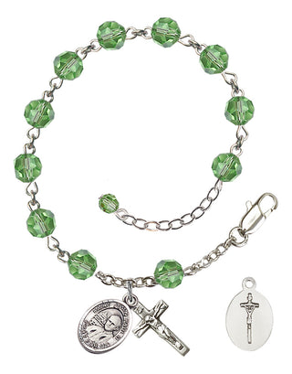 Adjustable Sterling Silver 6mm Austrian Crystal Saint John Paul II Rosary Bracelet in Peridot