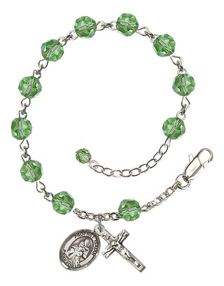Sterling Silver 6mm Austrian Crystal Saint Isaiah Rosary Bracelet in Peridot Engraved Catholic Saint Jewelry