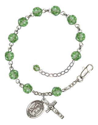 Sterling Silver 6mm Austrian Crystal Saint Roch Rosary Bracelet in Peridot Engraved Catholic Saint Jewelry