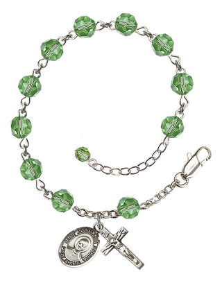 Sterling Silver 6mm Austrian Crystal Saint Josemaria Escriva Rosary Bracelet in Peridot Engraved Catholic Saint Jewelry
