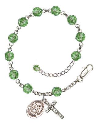Sterling Silver 6mm Austrian Crystal Saint Bernadine of Sienna Rosary Bracelet in Peridot Engraved Catholic Saint Jewelry