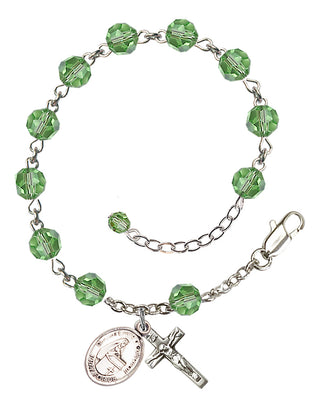 Sterling Silver 6mm Austrian Crystal Bl. Emilee Doultremont Rosary Bracelet in Peridot Engraved Catholic Saint Jewelry